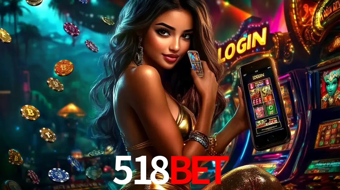 Mulher em um cenário de cassino temático de aventura, mostrando o app de caça-níqueis da 518bet no celular. Fichas de apostas flutuam ao redor.