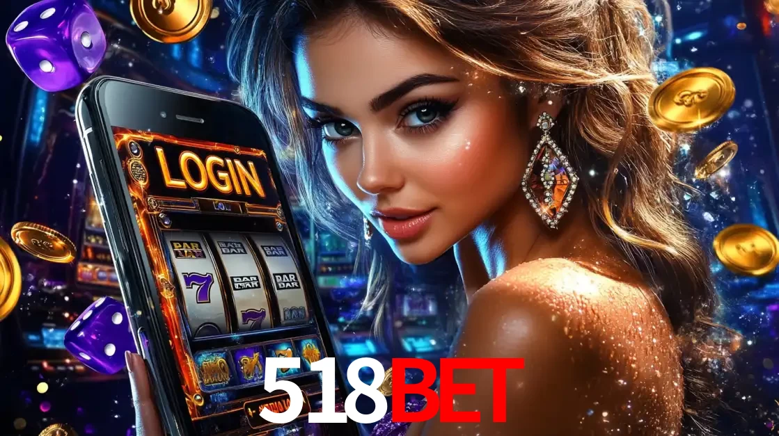Mulher glamorosa segurando um smartphone com a tela de login para os jogos de caça-níqueis do cassino online 518bet, com moedas de ouro e dados ao redor.