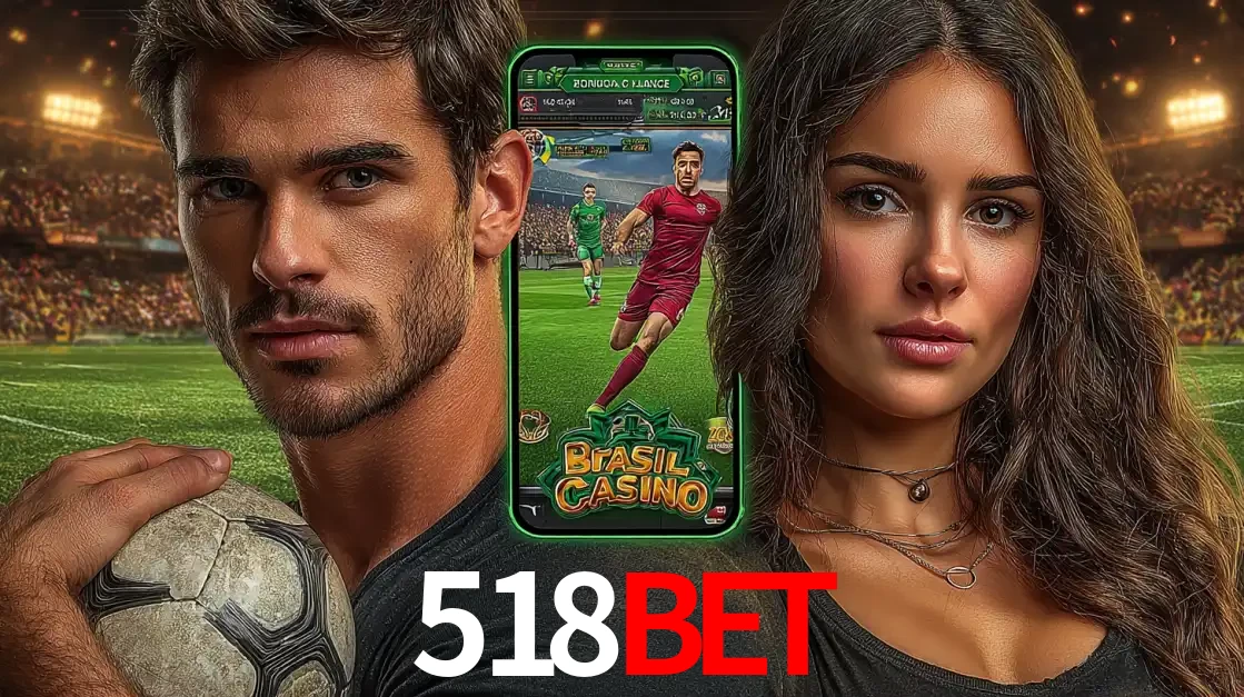 Homem segurando uma bola de futebol e uma mulher ao lado de um smartphone exibindo o jogo de apostas esportivas da 518bet. Faça seu palpite no cassino online.